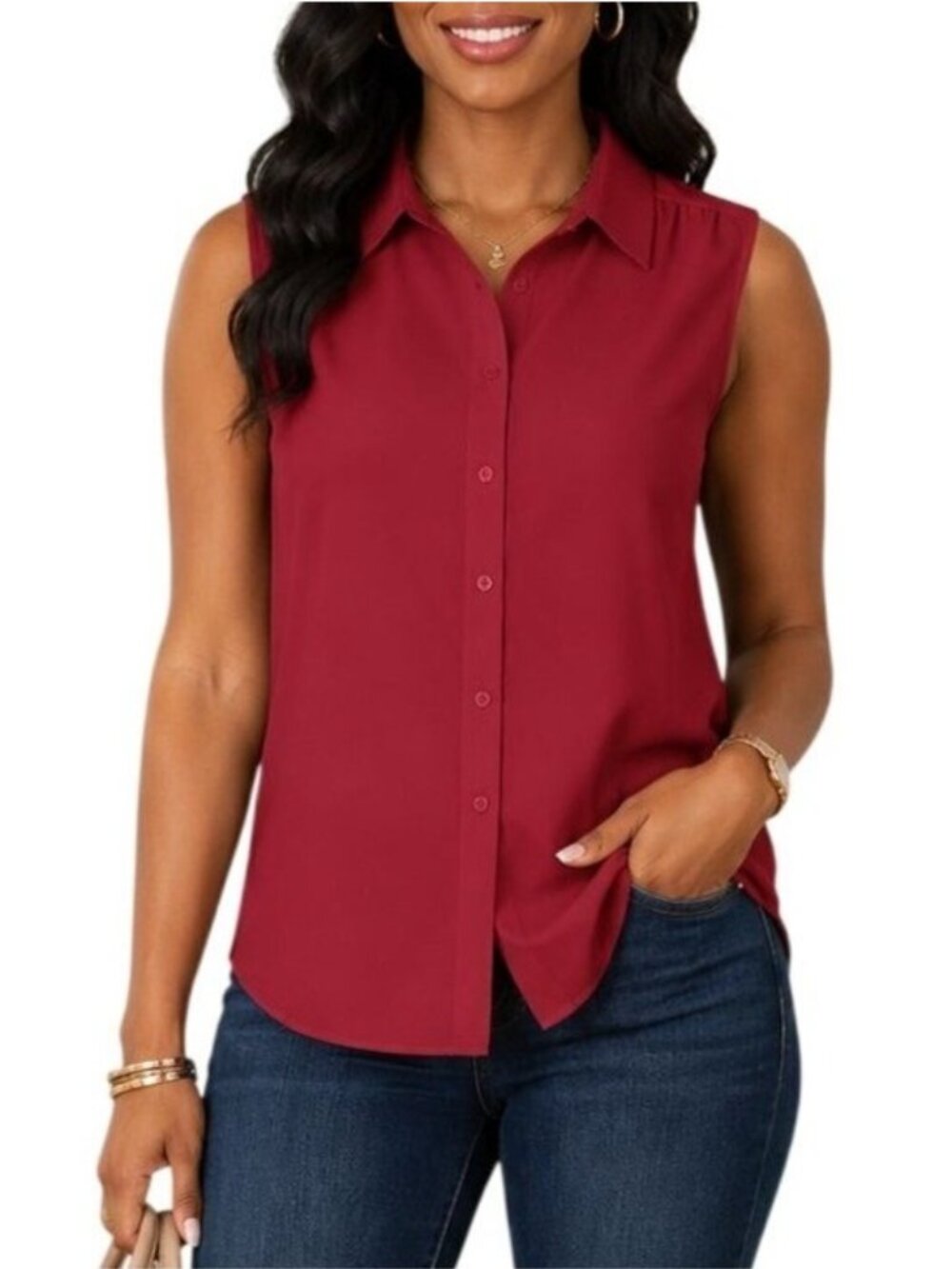 Rooscier Size Small Top Button Down Sleeveless V-Neck Wine Red Ruched Stylish